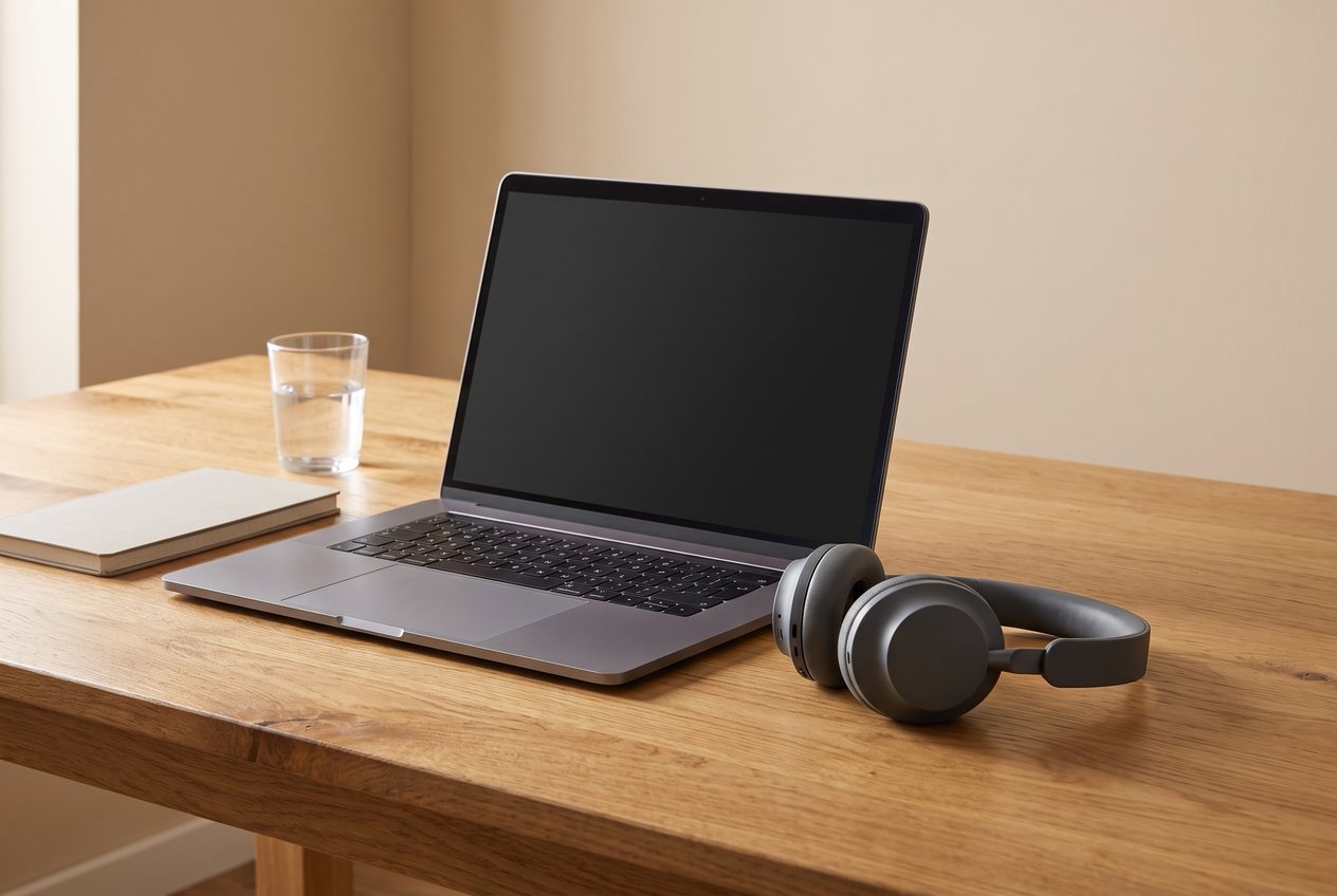 Arbeitsplatz mit Notebook und Headset für Cloud-Telefonie
